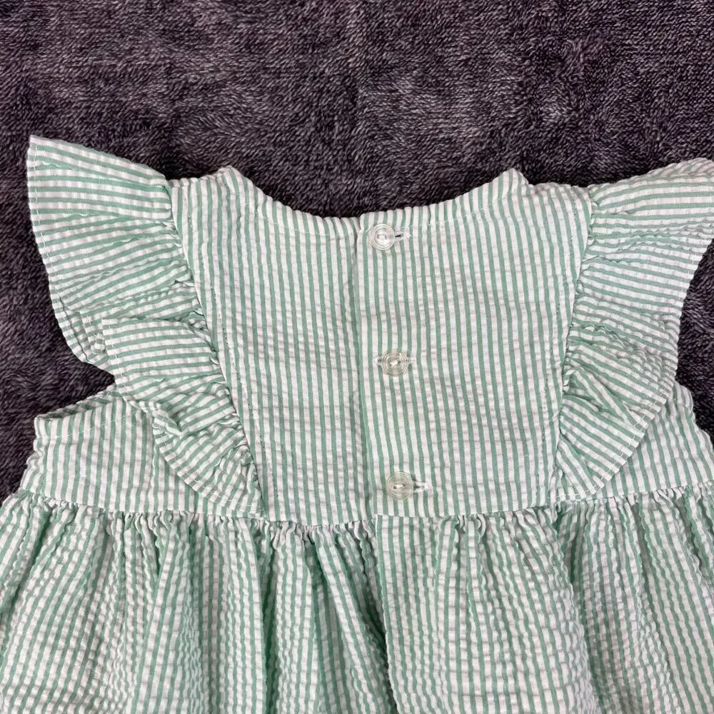 Vtg B.T. Kids Seersucker Striped Dress Embroidered Girls 2T Ruffle Floral *Read